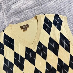 Tasso Elba Golf Mens Yellow Black Argyle V-Neck Cotton Sweater Vest Large